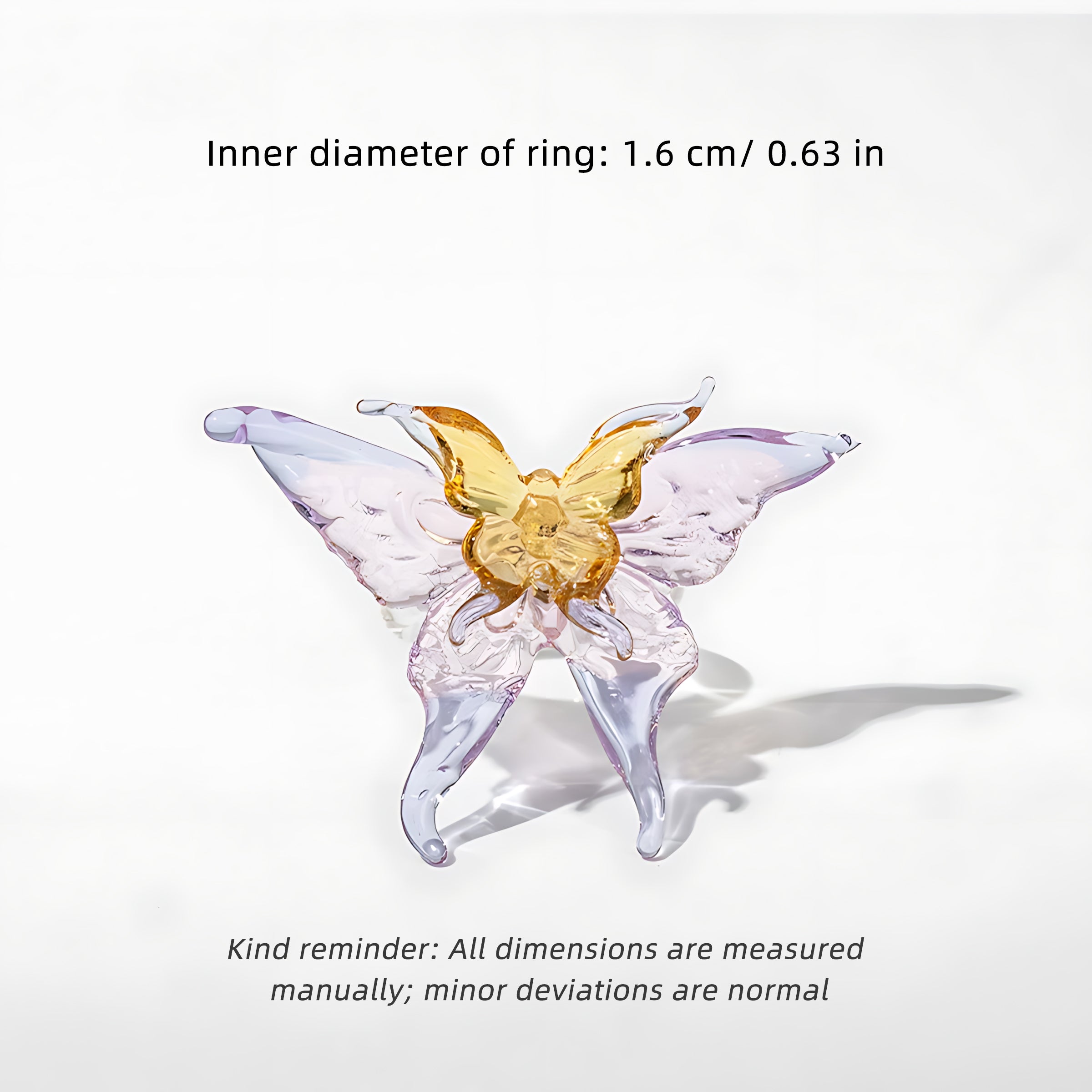 Glass Butterfly Ring Dreamy Colour - Artisan Sparkle with Molten Glass Wings & Adjustable Hypo-allergen Band in 12 Colourways