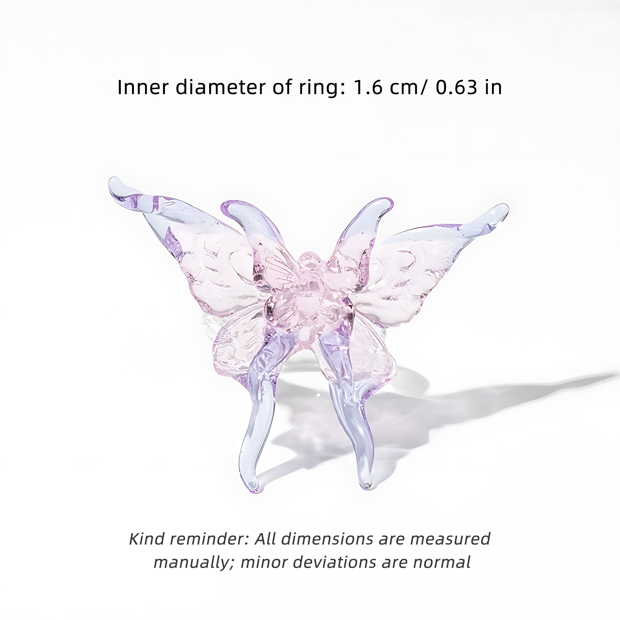 Glass Butterfly Ring Dreamy Colour - Artisan Sparkle with Molten Glass Wings & Adjustable Hypo-allergen Band in 12 Colourways