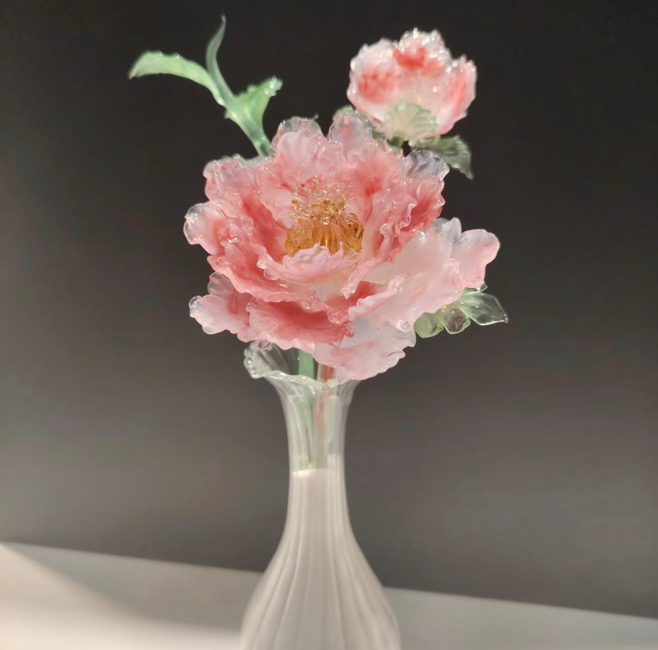 Handmade Glass Peony Flower Set in Elegant Vase - Pink Floral Decor