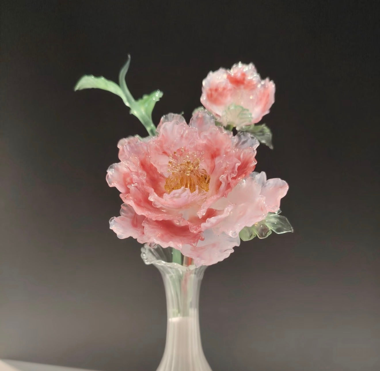 Handmade Glass Peony Flower Set in Elegant Vase - Pink Floral Decor