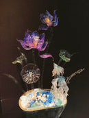 Koi Playing with Lotus Handmade Glass Lotus Artwork with Colorful Flowers and Fish Design