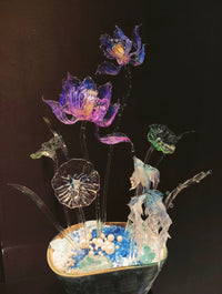 Koi Playing with Lotus Handmade Glass Lotus Artwork with Colorful Flowers and Fish Design
