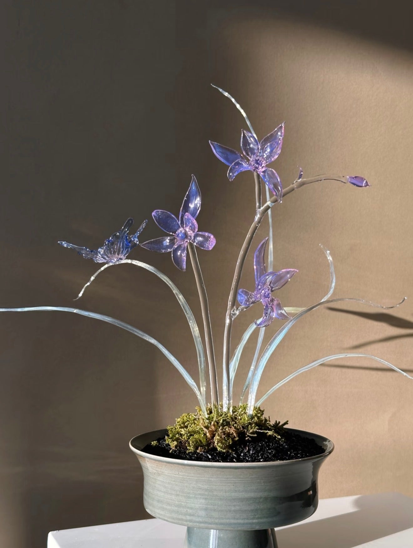 Handmade Lampwork Glass Orchid Figurine Purple Dream Collection in Ceramic Pot Decorative Art Piece