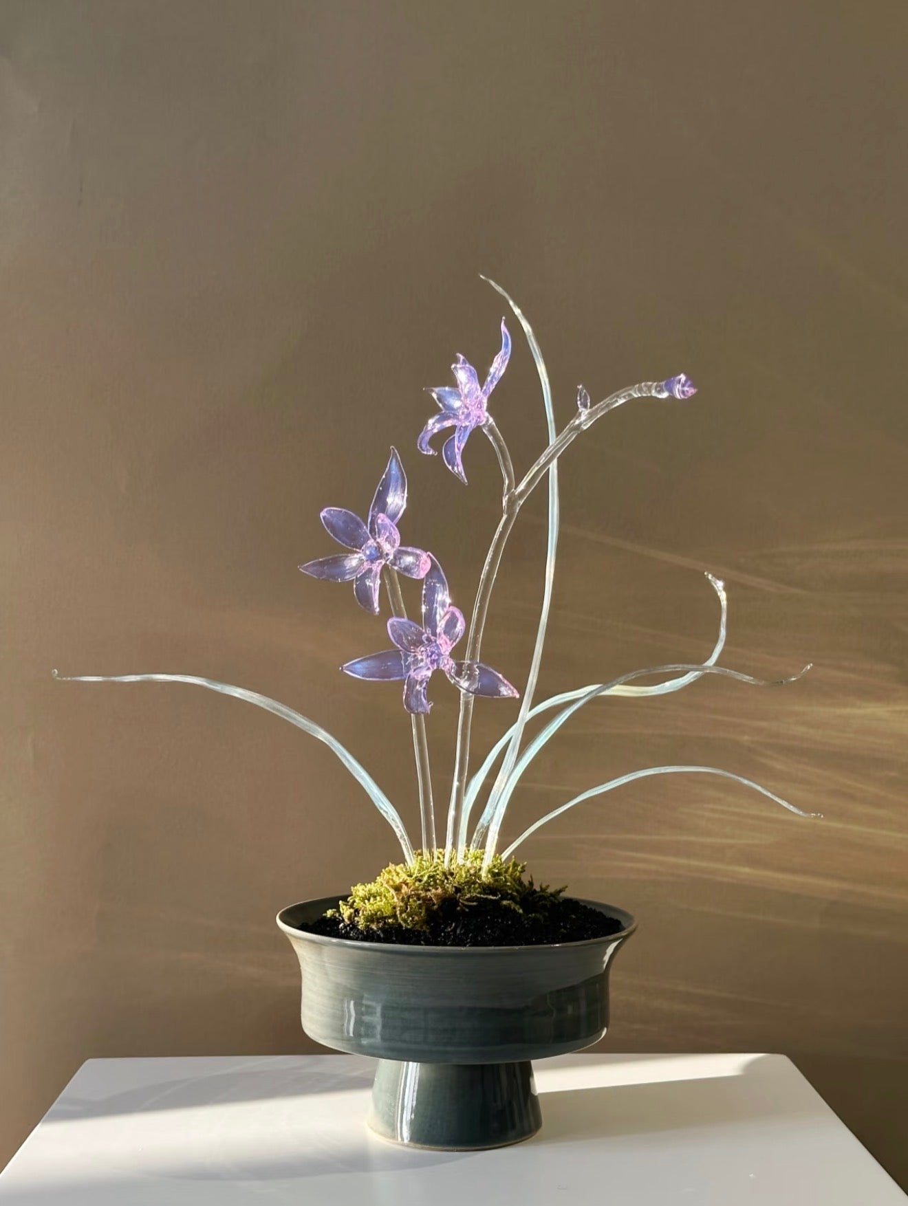 Handmade Lampwork Glass Orchid Figurine Purple Dream Collection in Ceramic Pot Decorative Art Piece