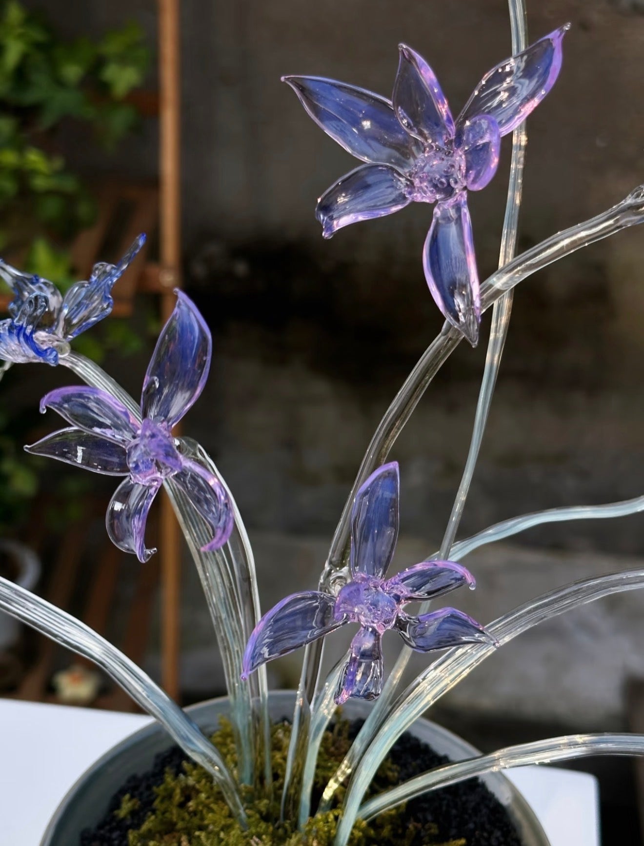 Handmade Lampwork Glass Orchid Figurine Purple Dream Collection in Ceramic Pot Decorative Art Piece