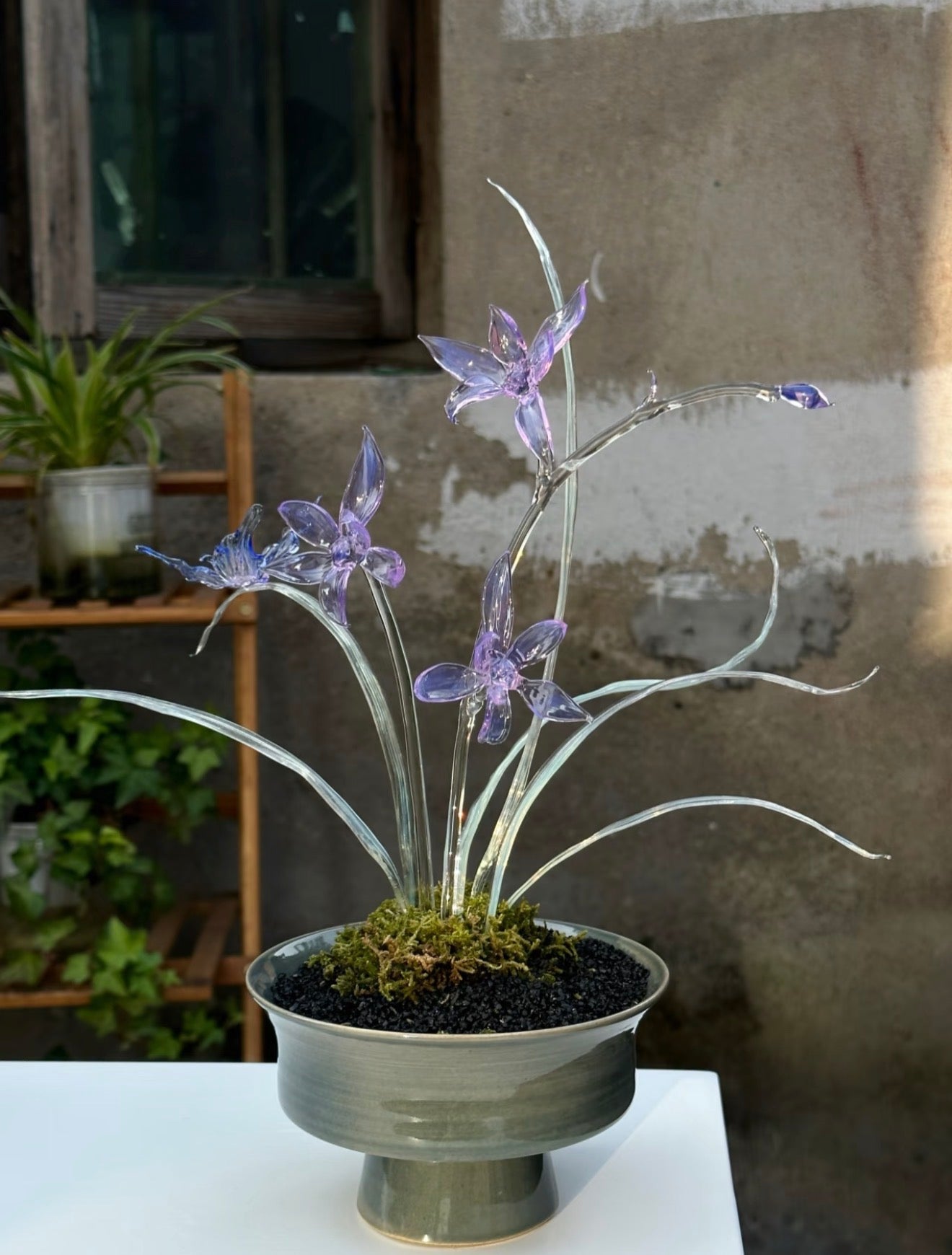 Handmade Lampwork Glass Orchid Figurine Purple Dream Collection in Ceramic Pot Decorative Art Piece