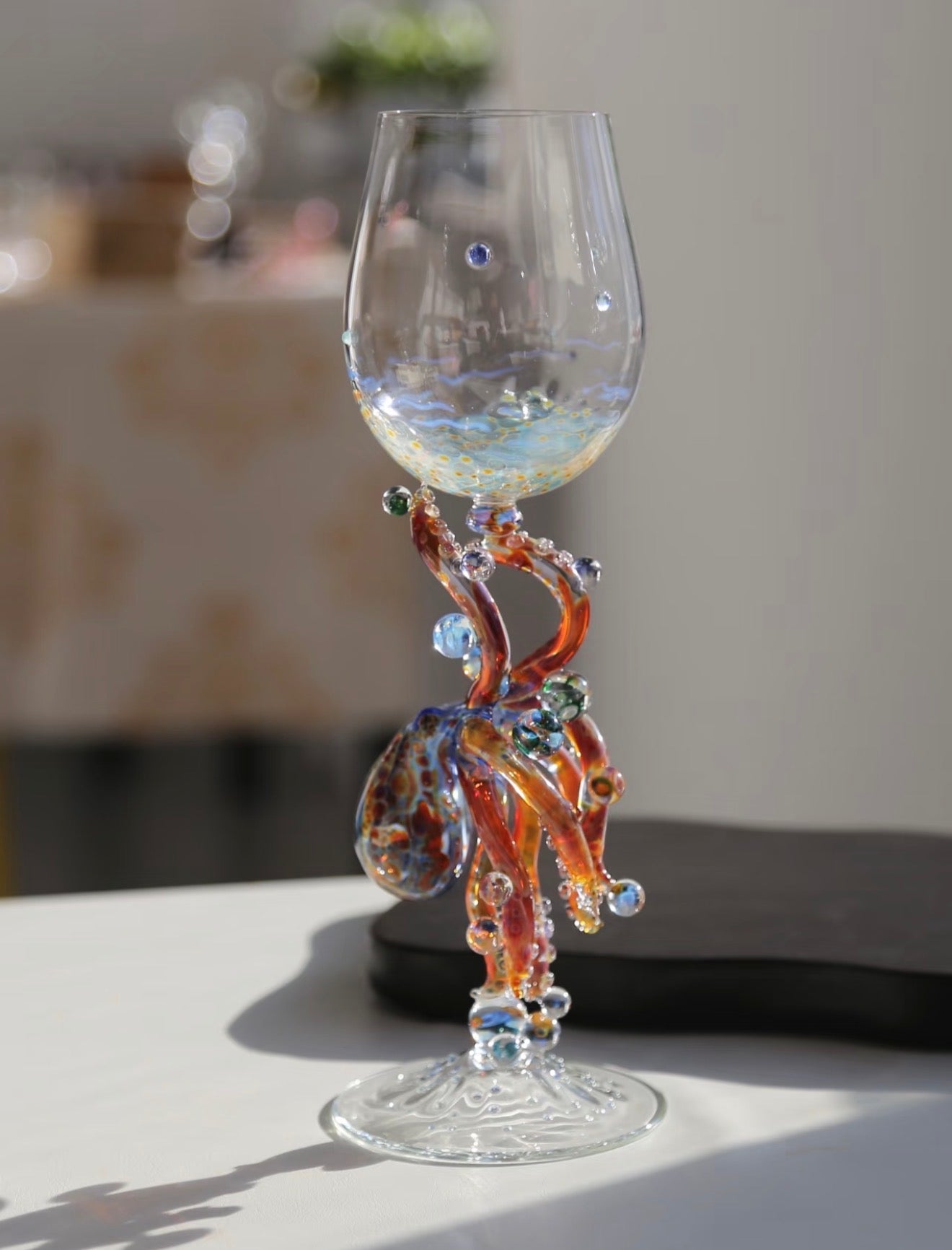 Handmade Lampwork Glass Octopus Wine Goblet with Colorful Design and Unique Shape